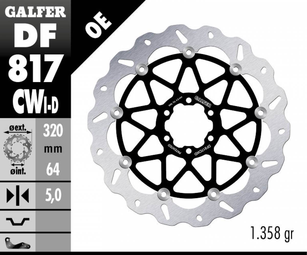 DF817CWD Galfer Front Right Brake Disc WAVE FLOATING COMPLETE 320x5m MOTO GUZZI MGX-21 2016 > 2020