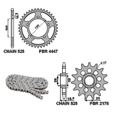 EK1105G Chain and Sprockets Kit 16 / 42 / 525 PBR APRILIA TUONO R 2009 > 2014