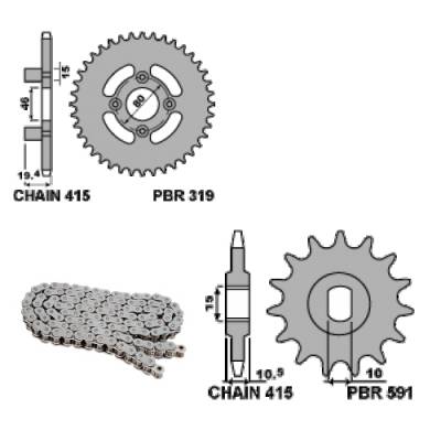EK155 Chain and Sprockets Kit 11 / 46 / 415 PBR APRILIA ET TUAREG 1982 > 1985