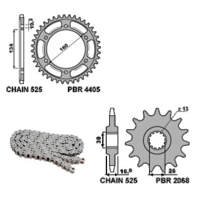 EK1557G Chain and Sprockets Kit 16 / 42 / 525 PBR HONDA CBR-RR 2003 > 2006