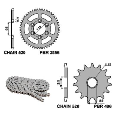 EK160 Chain and Sprockets Kit 14 / 42 / 520 PBR APRILIA CLIMBER-TRIAL 1989 > 1996