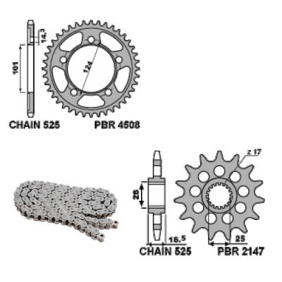 EK1968G Chain and Sprockets Kit 17 / 38 / 525 PBR KTM RC8 2008 > 2010