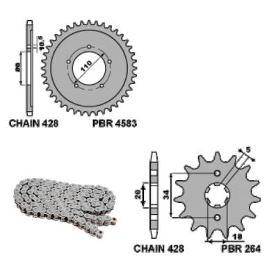 EK1971 Chain and Sprockets Kit 15 / 42 / 428 PBR KYMCO QUANNON 2008 > 2009