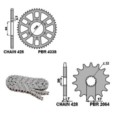 EK2520 Chain and Sprockets Kit 13 / 56 / 428 PBR HM CRE DERAPAGE 1996 > 2000