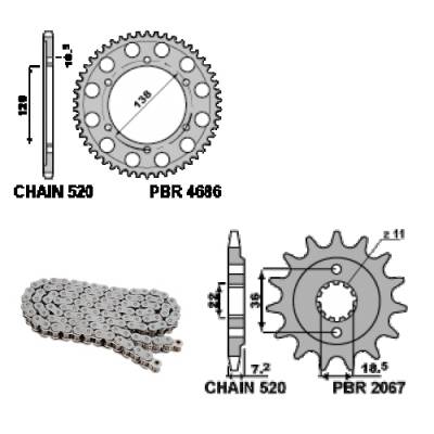 EK2546 Chain and Sprockets Kit 14 / 36 / 520 PBR HONDA CB300R 2018 > 2020
