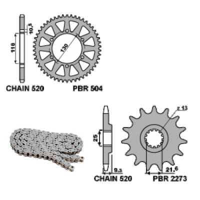 EK2629G Chain and Sprockets Kit 14 / 42 / 520 PBR KAWASAKI Z300 2015 > 2020