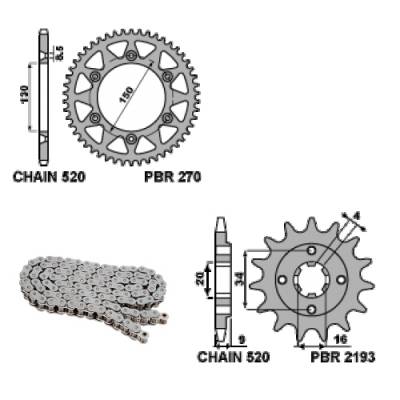 EK2833 Chain and Sprockets Kit 13 / 49 / 520 PBR YAMAHA TT-R 2005 > 2020