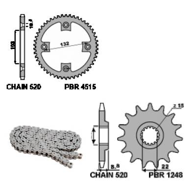 EK2949 Chain and Sprockets Kit 15 / 38 / 520 PBR KTM XC 2008 > 2012