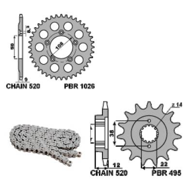 EK307G Chain and Sprockets Kit 15 / 38 / 520 PBR DUCATI PASO 2'S. 1987 > 1990