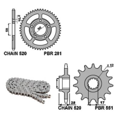 EK408 Chain and Sprockets Kit 13 / 38 / 520 PBR GILERA MX-1 1988 > 1989