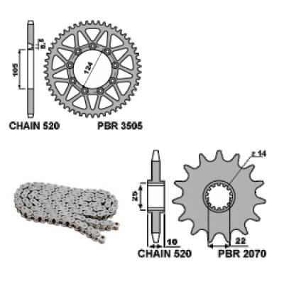 EK979 Chain and Sprockets Kit 13 / 52 / 520 PBR TM MX / EN 2000 > 2001