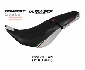Sattelbezug Sitzbezug Thar Trico ultragrip comfort system Weiss WH + logo T.I. fur Ducati Desert-X 2022 > 2024