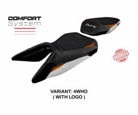 Housse de selle Mirje comfort system Blanche - Orange WHO + logo T.I. pour KTM 125 Duke 2017 > 2023