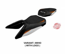 Housse de selle Mirje ultragrip Blanche - Orange WHO + logo T.I. pour KTM 125 Duke 2017 > 2023