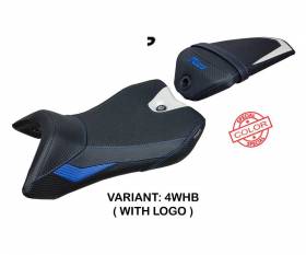 Housse de selle Nashik Ultragrip Blanche - Bleu WHB + logo T.I. pour Yamaha R125 2016 > 2018